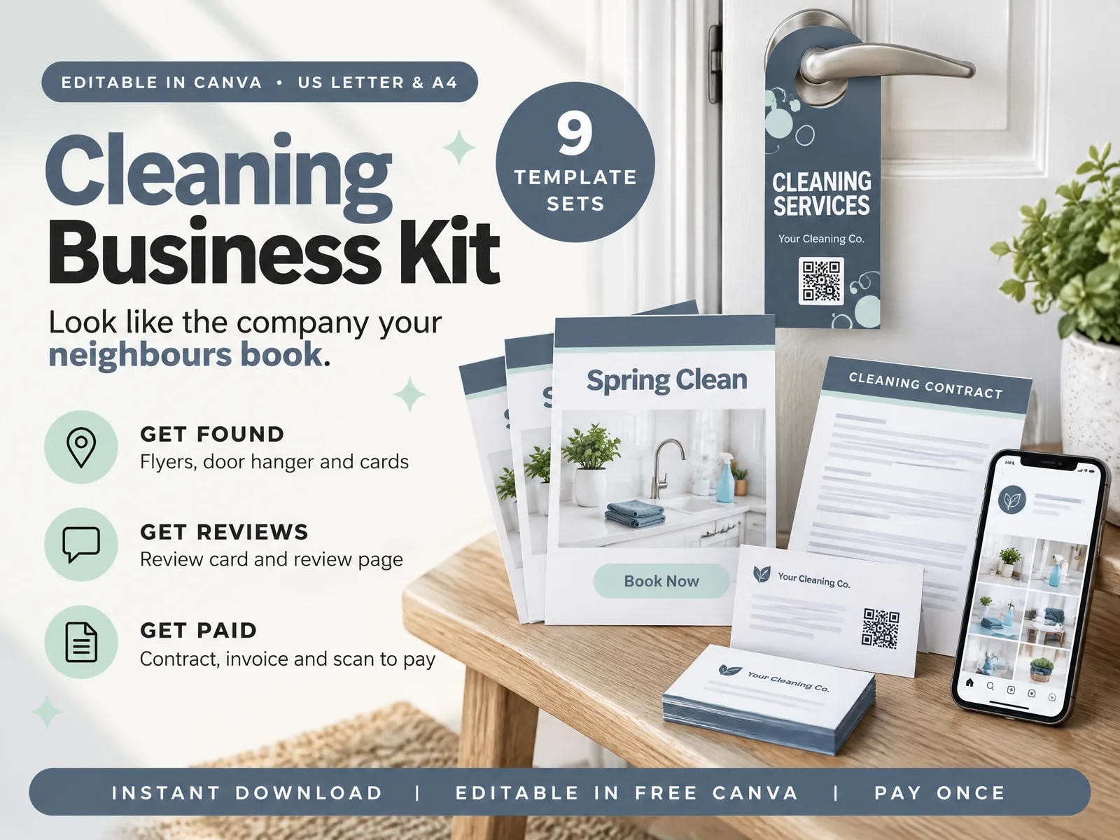 Cleaning Business Kit flyers, door hanger, business cards, cleaning contract and social posts in one look