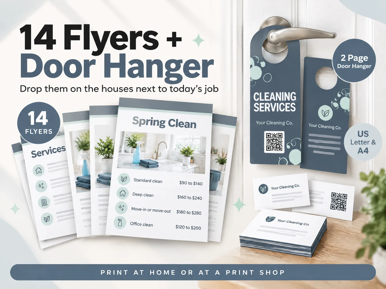 Cleaning Business Kit: flyers, a door hanger and business cards for your cleaning company