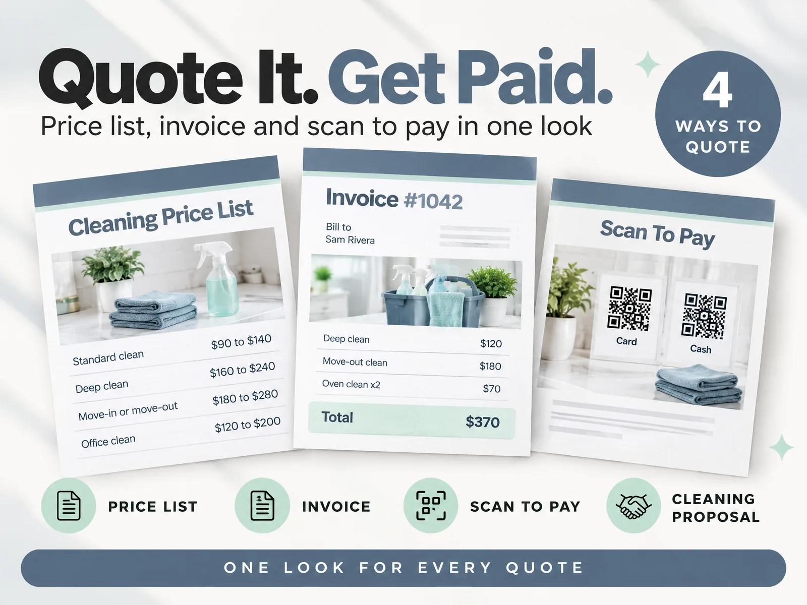 Cleaning Business Kit: the cleaning price list, proposal, invoice and scan to pay card