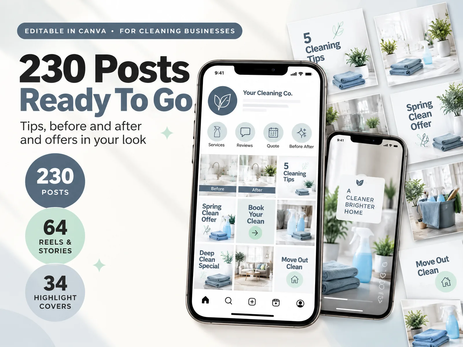Cleaning Business Kit: social posts, reels, stories and highlight covers for a cleaning business