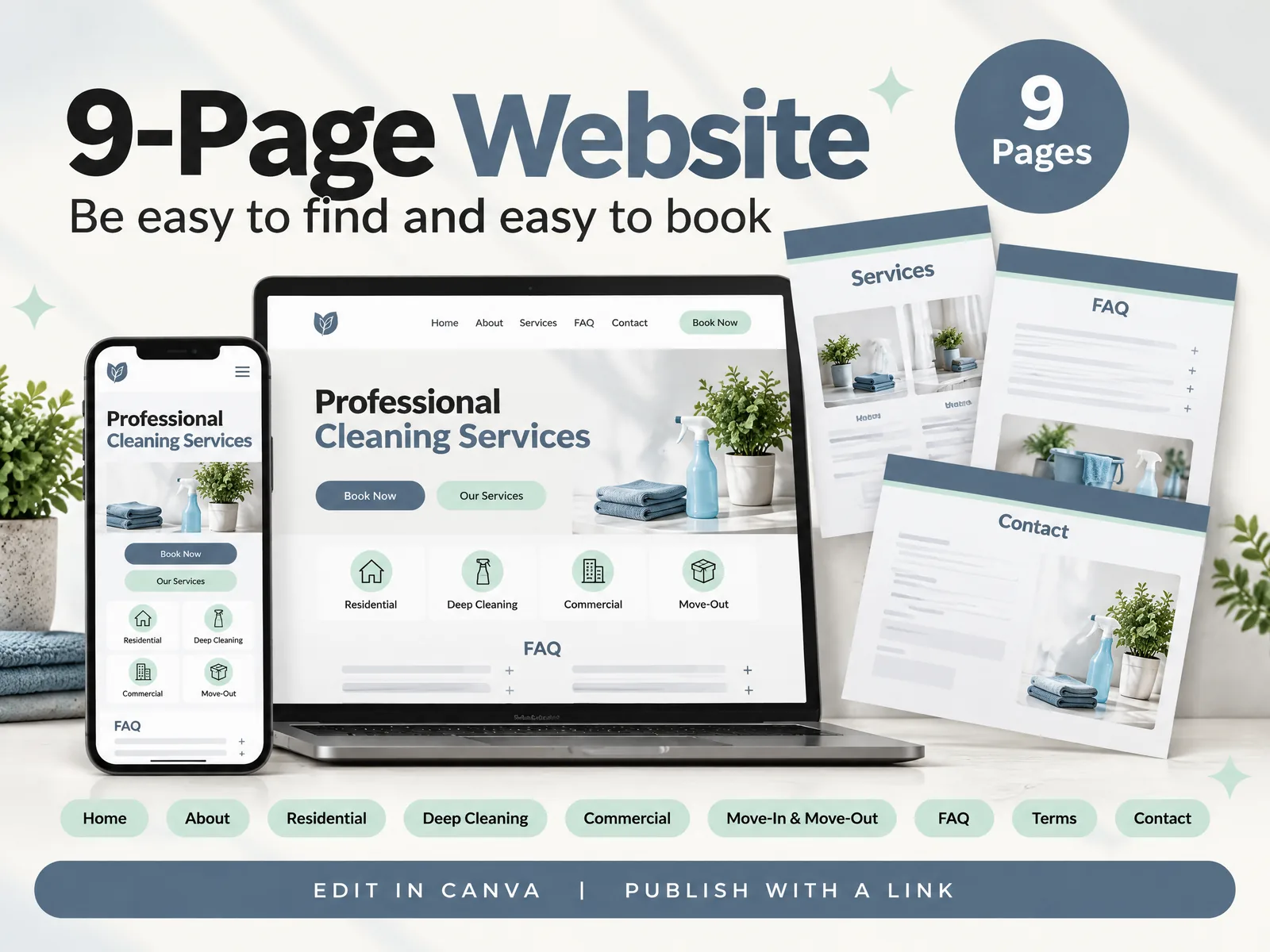 Cleaning Business Kit: the 9-page cleaning website on a laptop and a phone
