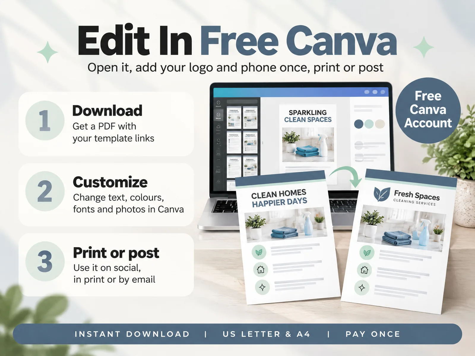 Cleaning Business Kit: how it works, download the PDF, customize in Canva, then print or post