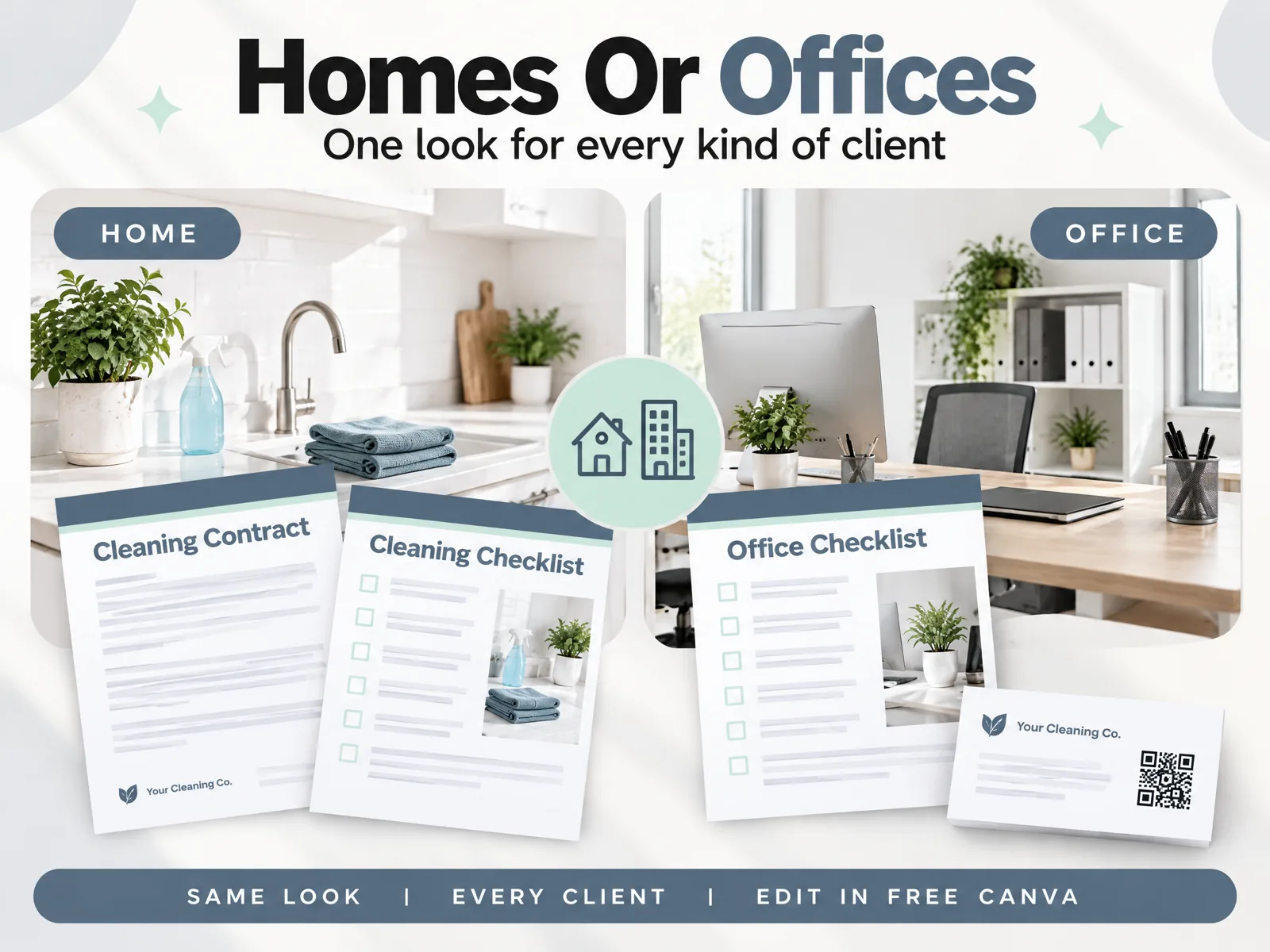 The cleaning contract, cleaning checklist and office checklist in one look, for a home kitchen and a small office